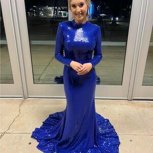 Jovani - 06214 Sequined Long Sleeve High Neck Trumpet Gown / Royal